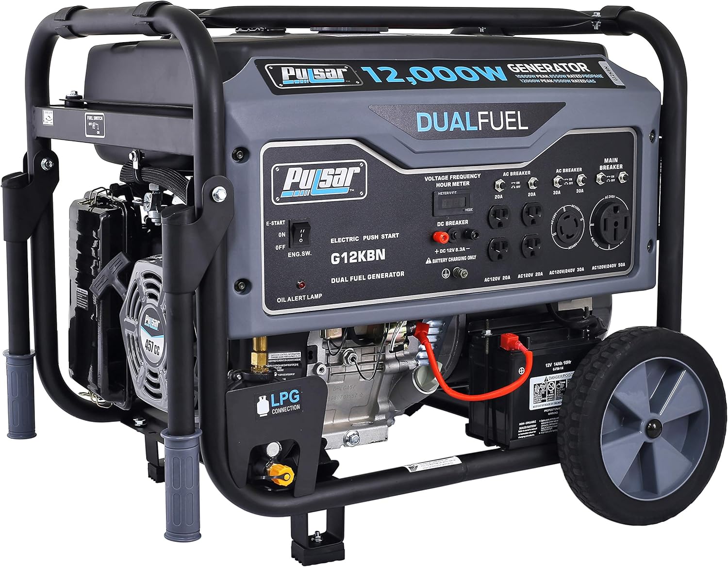 Pulsar G12KBN Heavy Duty Portable Dual Fuel Generator - 9500 Rated Watts & 12000 Peak Watts - Gas & LPG - Electric Start