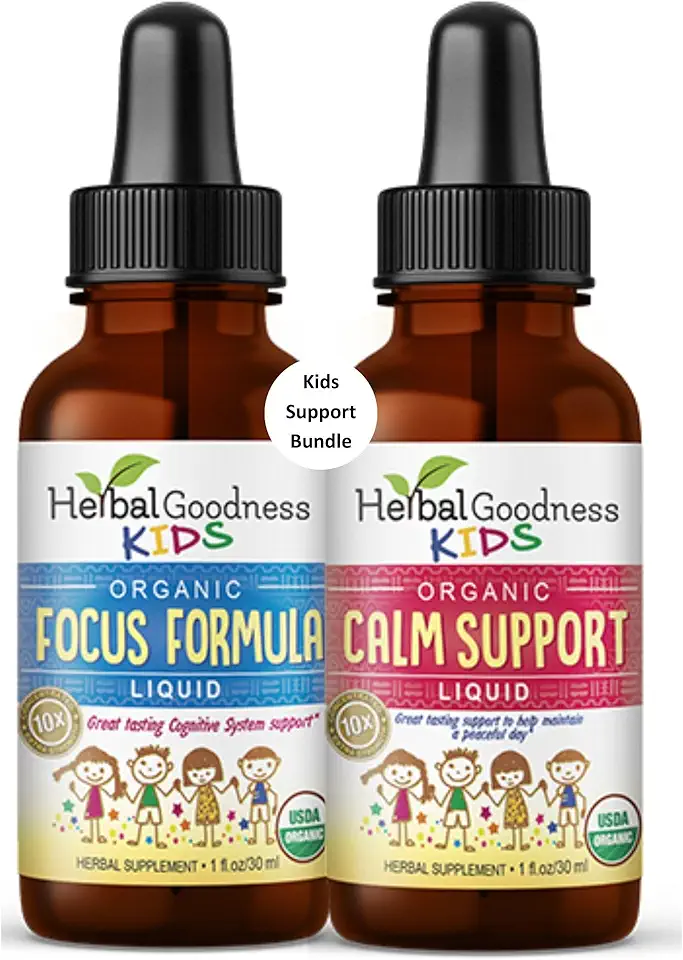 Herbal Papaya Kids Focus and Attention Supplement 1oz and Kids Calm Support 1oz Bundle. Organic and Naturally Support Focus and Calmness in Kids
