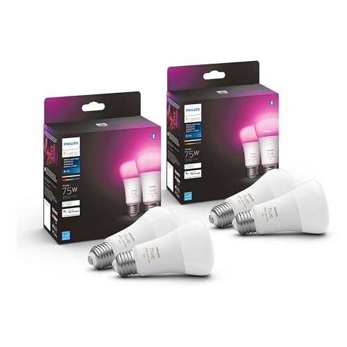 Philips Hue 75W A19 White and Color Ambiance LED Smart Color-Changing Bulb - Pack of 4 - E26 Indoor - Control with Hue App - Compatible with Alexa