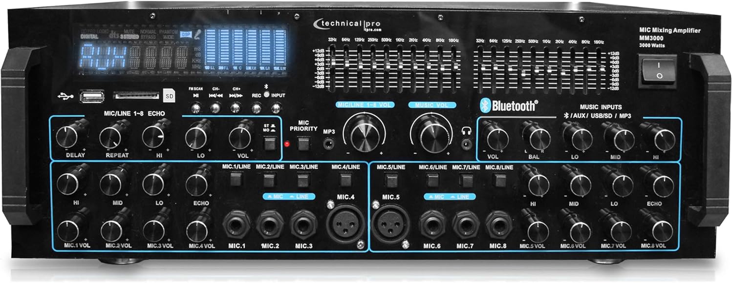 Technical Pro 3000 Watts Professional Mic Mixing Amplifier w/USB SD Card Inputs, Bluetooth Compatibility, Built-in Dual 10 Band Equalizers