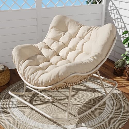 SWITTE Papasan Rocking Chair Outdoor Indoor, Oversized Egg Wicker Rocker with Cushion, Supports 450 lbs, Patio Chair for Balcony or Living Room - Gray