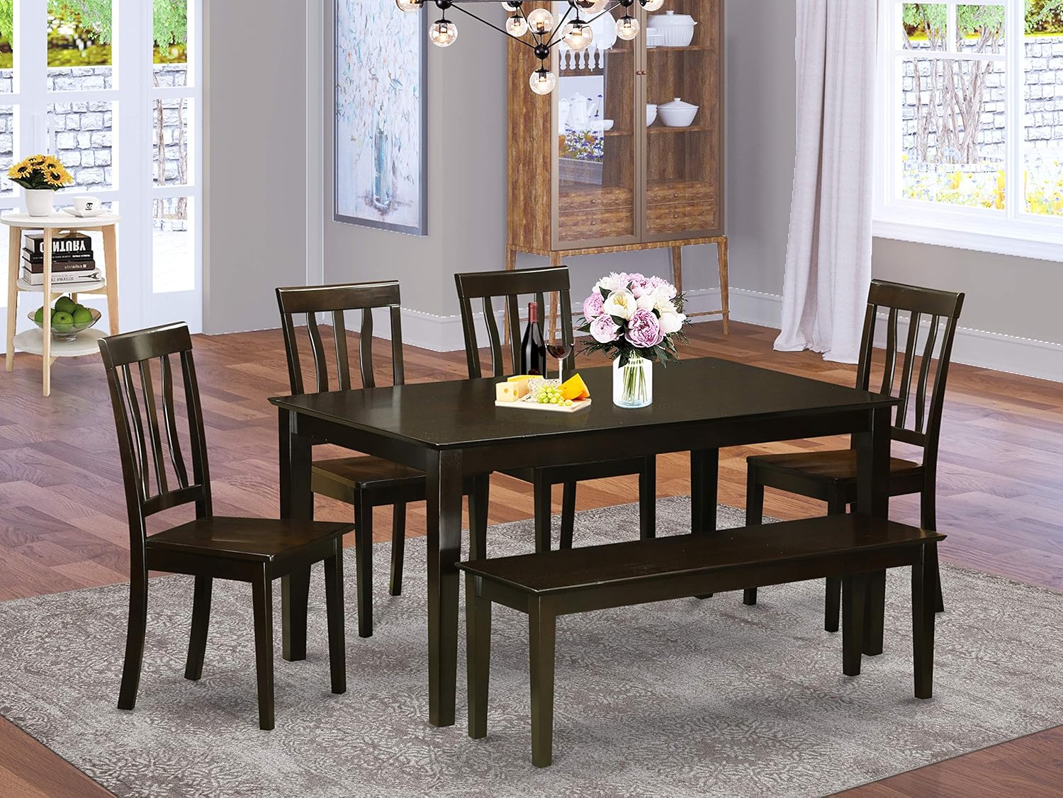 East West Furniture CAAN6-OAK-C Wood Dining Table Set 6 Piece - Linen Fabric Modern Dining Chairs Seat - Oak Finish Small Table and Bench