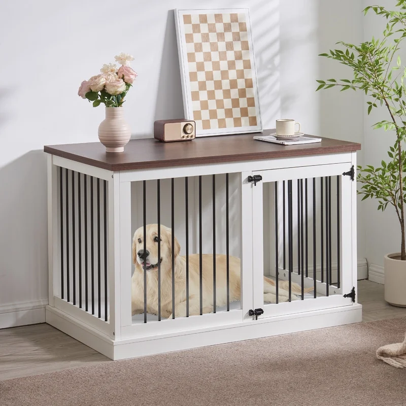 Large Dog Crate Furniture, 47.2” Indoor Dog Kennel Furniture Style House, Wooden Decorative Pet House End Side Table, White - Curated Treasures Market
