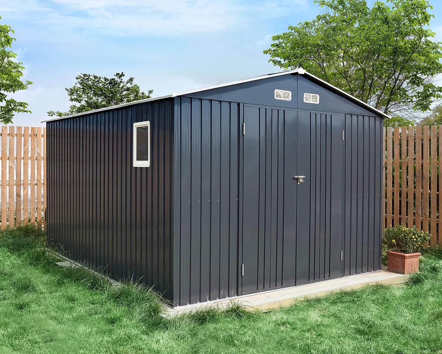 AMERLIFE 10x12x7.5 ft Outdoor Storage Shed, Galvanized  Backyard Lockable Sheds, Grey/White