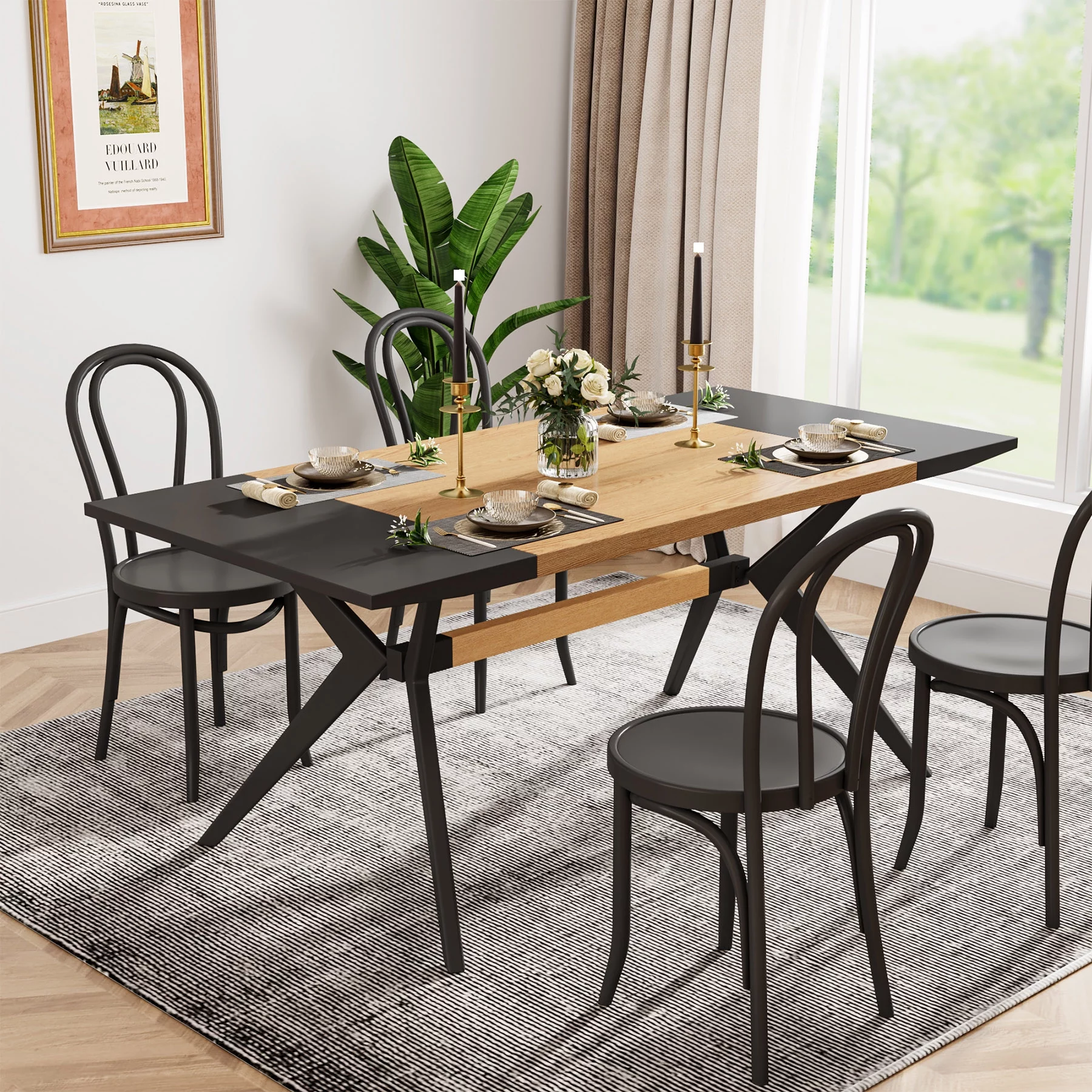 Tribesigns 63 inches Dining Table for 4-6, Large Rectangular Wood Kitchen Table Dining Room Furniture Table with X-Shaped Iron Frame