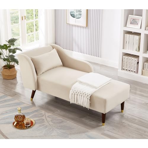 Chaise Lounge Chair, Velvet Upholstery with Pillow Modern Indoor Chair for Living Room Bedroom Guest Room Apartment (Chaise Lounge Chair Orange)