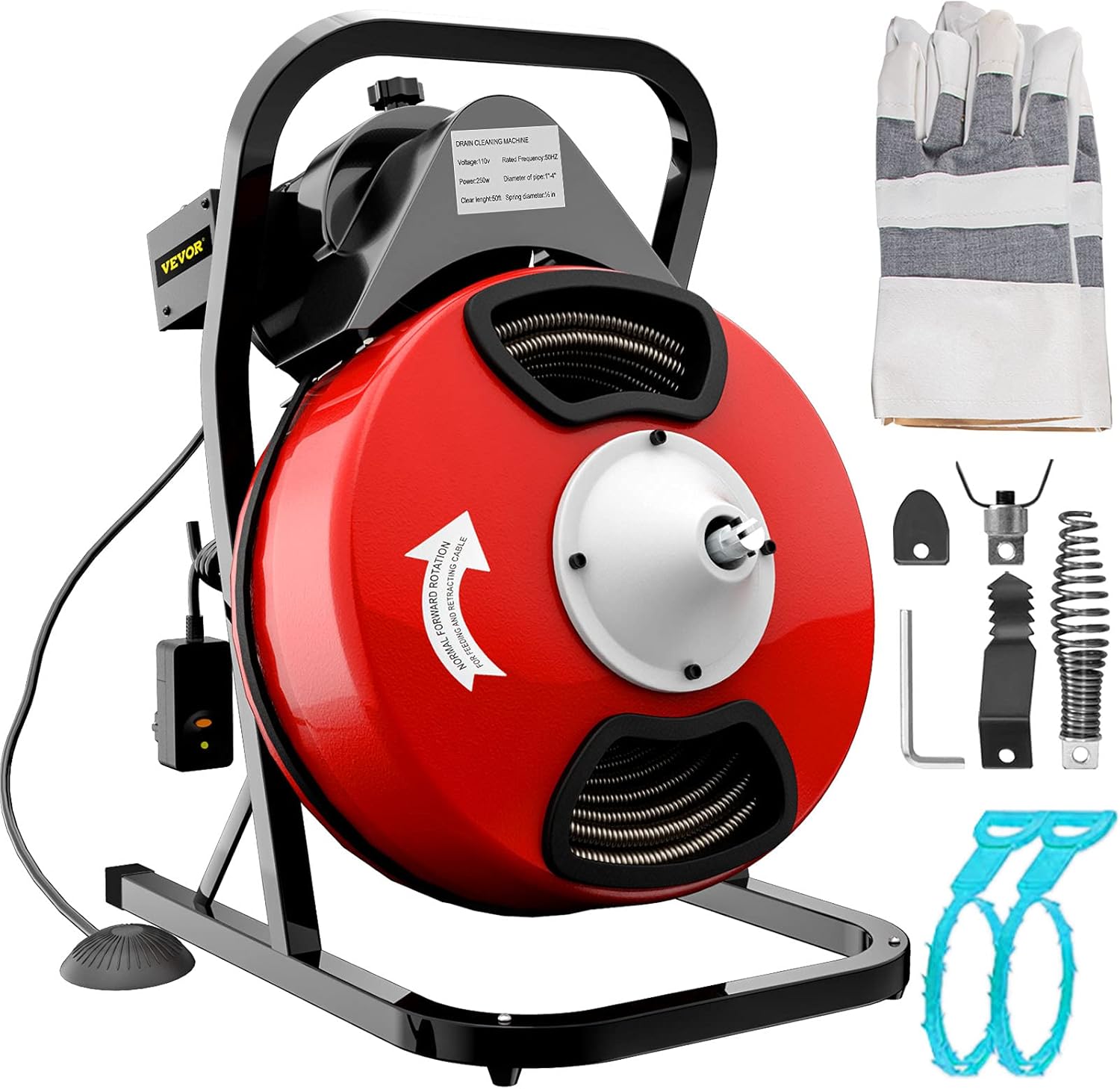 VEVOR 50FTx1/2Inch Drain Cleaner Machine Electric Drain Auger with 4 Cutter & Foot Switch Drain Cleaner Machine Sewer Snake Drill Drain Auger Cleaner
