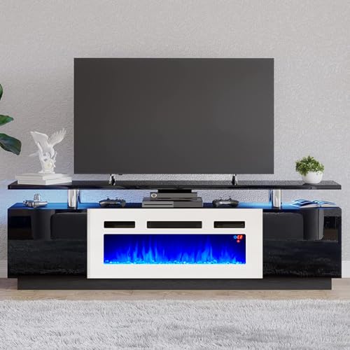 AMERLIFE Fireplace TV Stand with 40" Fireplace, 80" Modern High Gloss Fireplace Entertainment Center LED Lights
