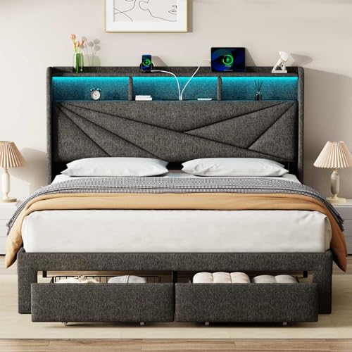 LED Queen Bed Frame with 2 Storage Drawers, Upholstered Bed Frame Queen Size with Headboard and Charging Station, No Box Spring Needed