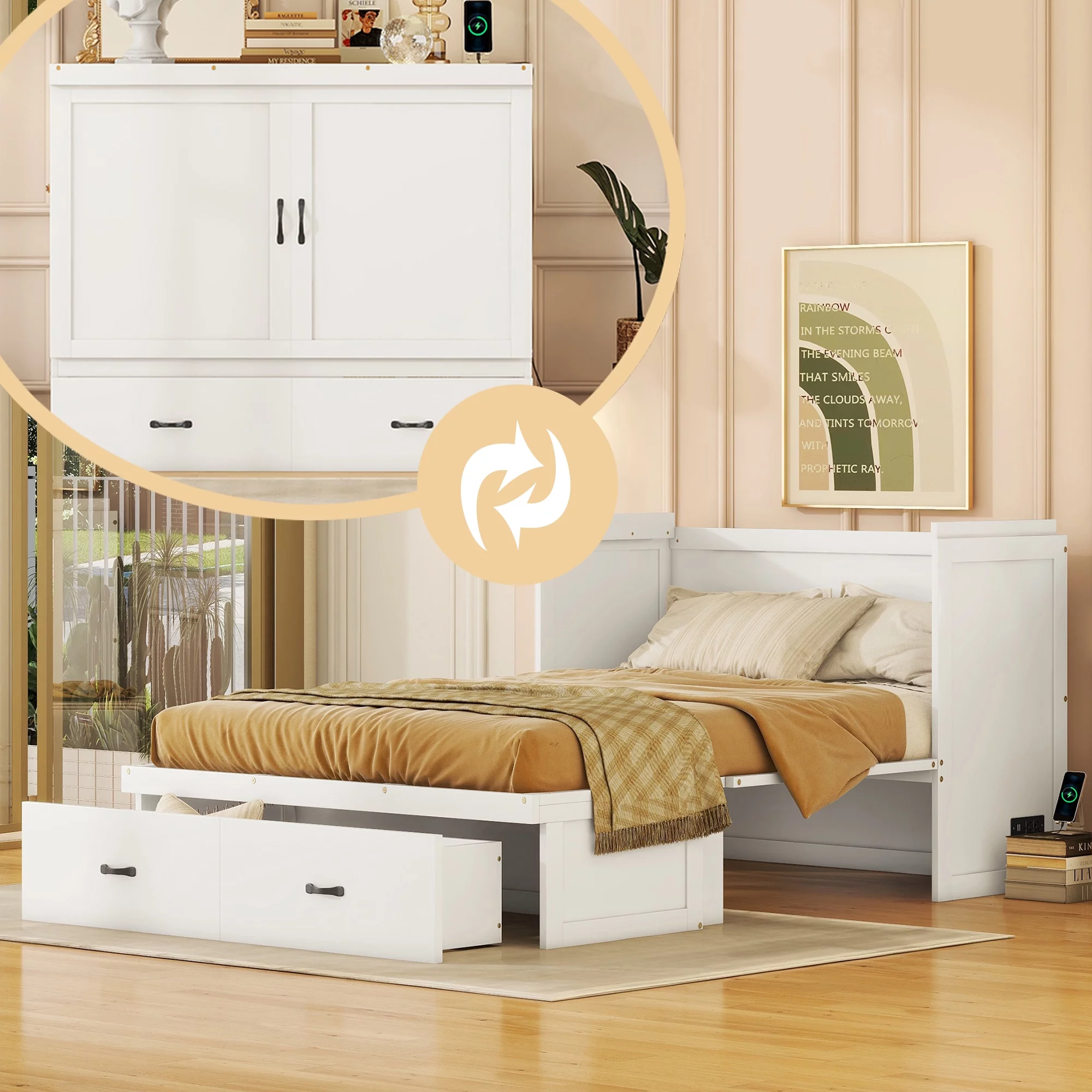 Bellemave Full Size Murphy Bed, Solid Wood Full Murphy Cabinet Bed with USB Port