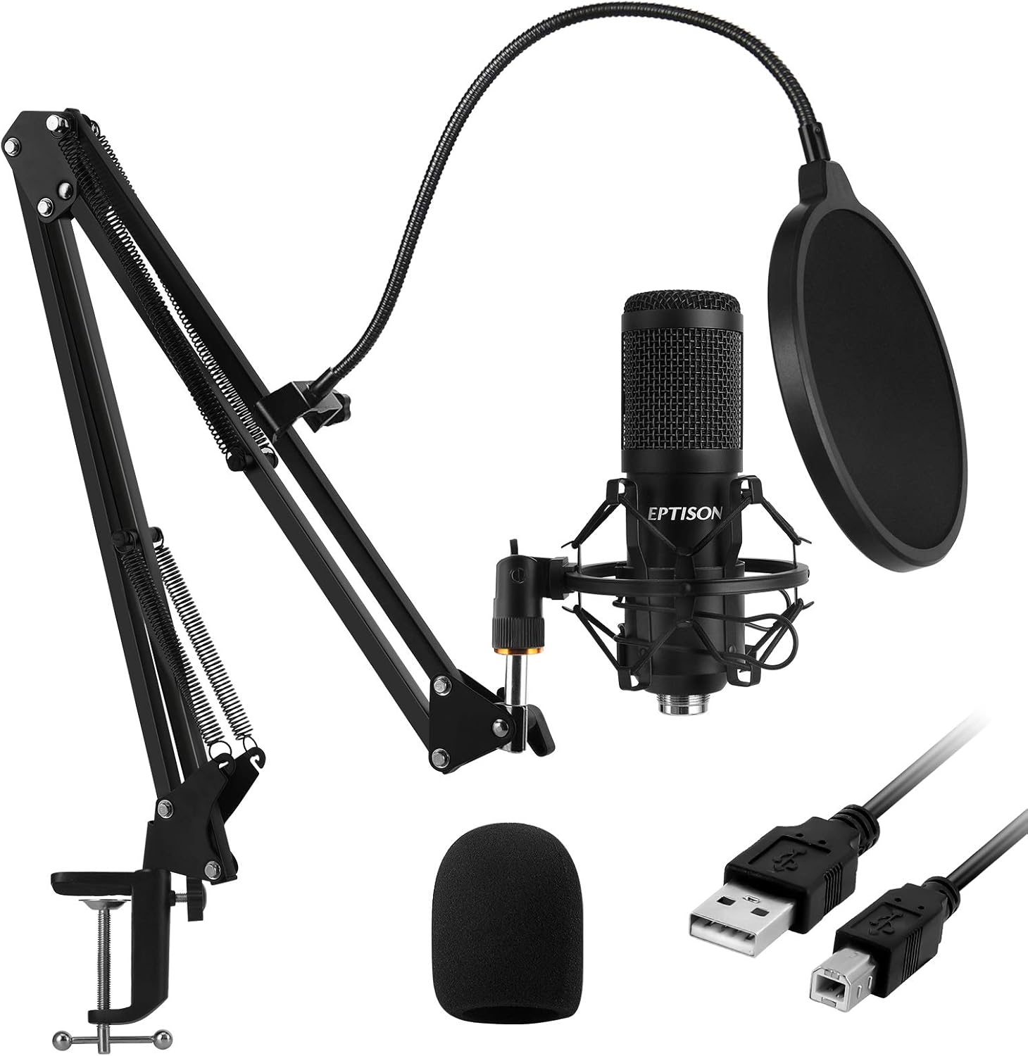 USB Microphone, EPTISON 192kHZ/24bit Professional PC Podcast Streaming Cardioid Condenser Microphone Kit with Boom Arm, Shock Mount, Pop Filter
