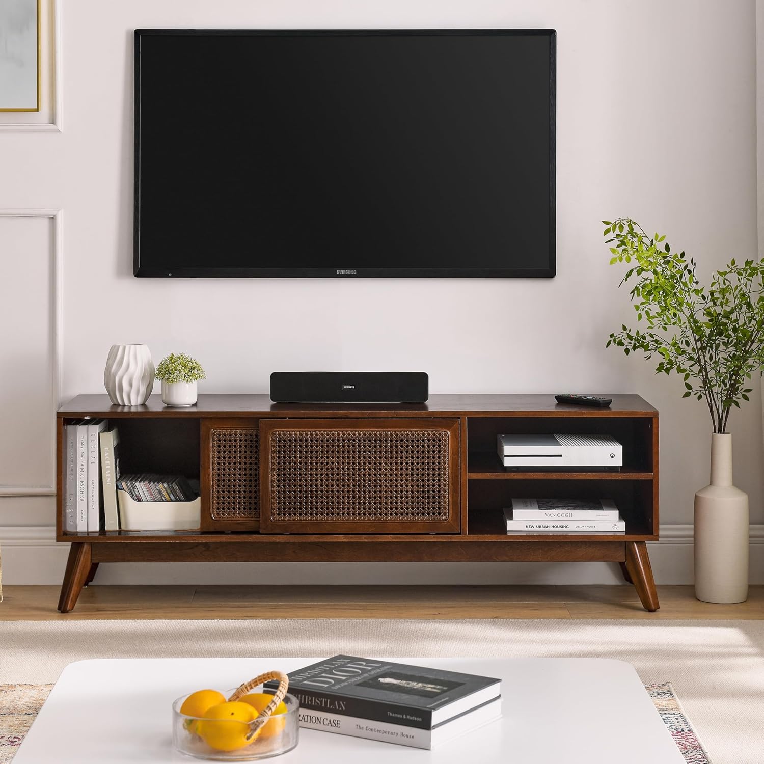 Modern Rattan Tv Stand for Up to 65" Tvs Entertainment Center Media Console Cabinets Living Room Bedroom Walnut Tan Farmhouse Mid-Century MDF Wood