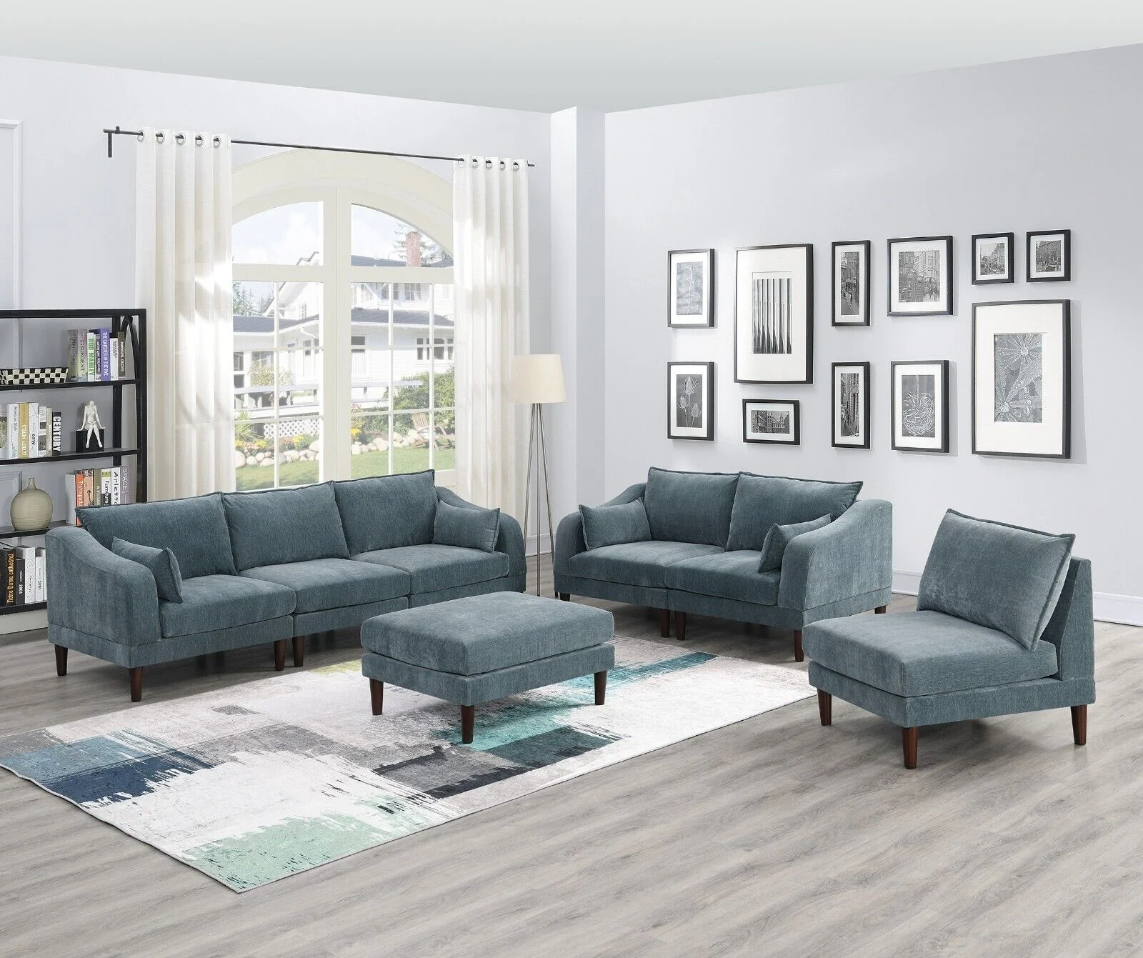 Living Room Classic 7pc Modular Sofa set 4x Corner Wedge 2x Armless Chair 2x Ottoman Mineral Morgan Fabric Cushion Couch
