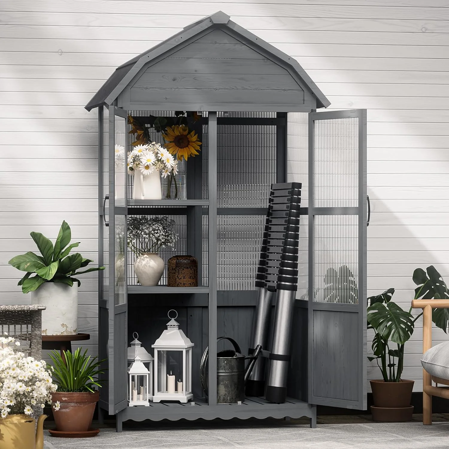 Oarlike Wooden Outdoor Storage Cabinet, 71" Weatherproof Garden Shed with Shelves, Waterproof Roof, Tool Storage for Patio/Backyard/Lawn/Pool