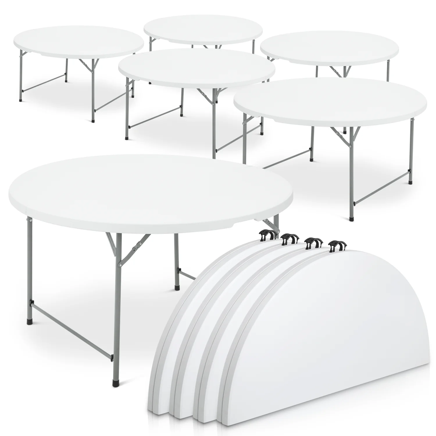 Magshion 10 Pieces Round Bi-Folding Commercial Table, 4.5 Feet Portable Plastic Dining Card Table for Kitchen Outdoor Party Wedding Event, White