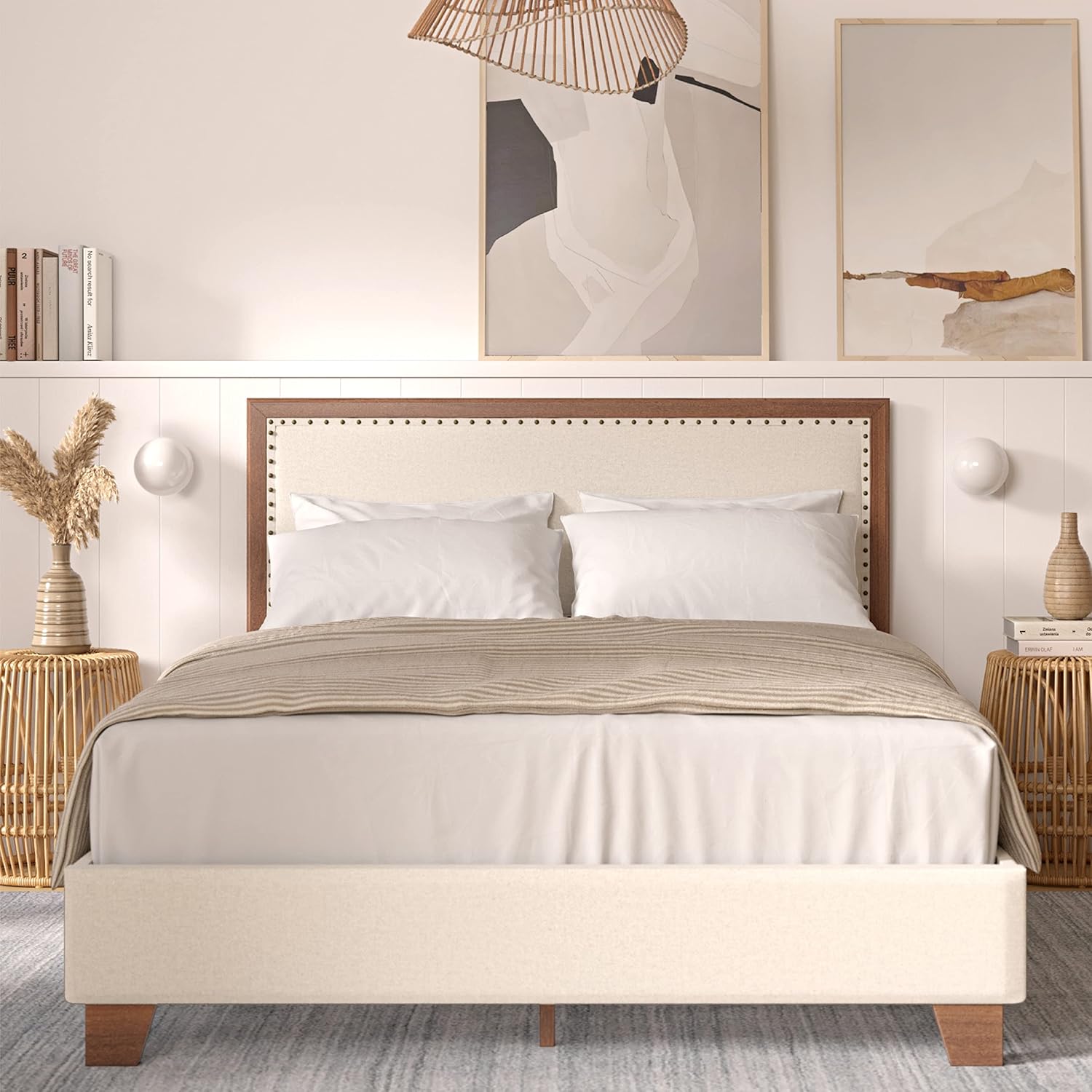 DG Casa Gabriel Queen Upholstered Platform Bed Frame, Chic Nailhead Boarder, Walnut Color Finish, Solid Rubberwood, Timeless Design