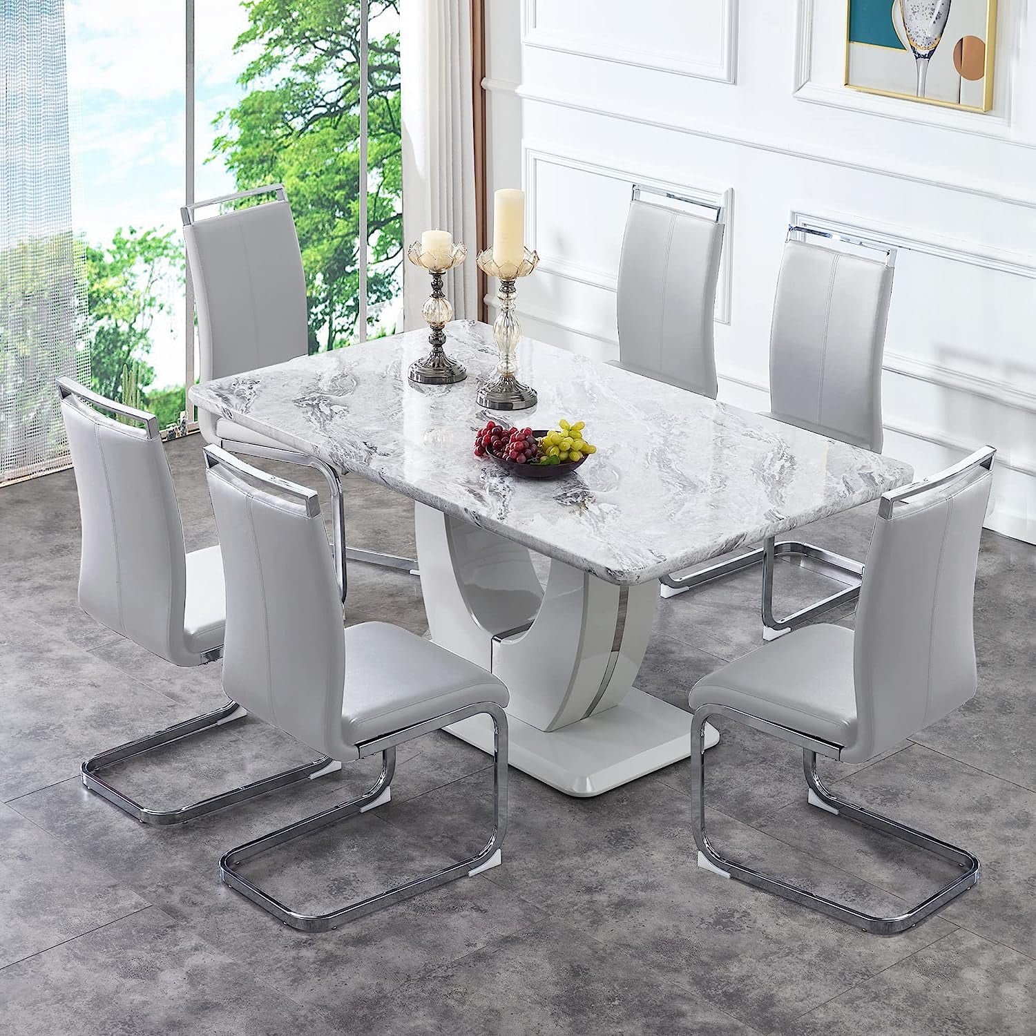 Sumdeal 63" Morden Faux Marble Dining Room Table Set, Dining Table Set for 6
