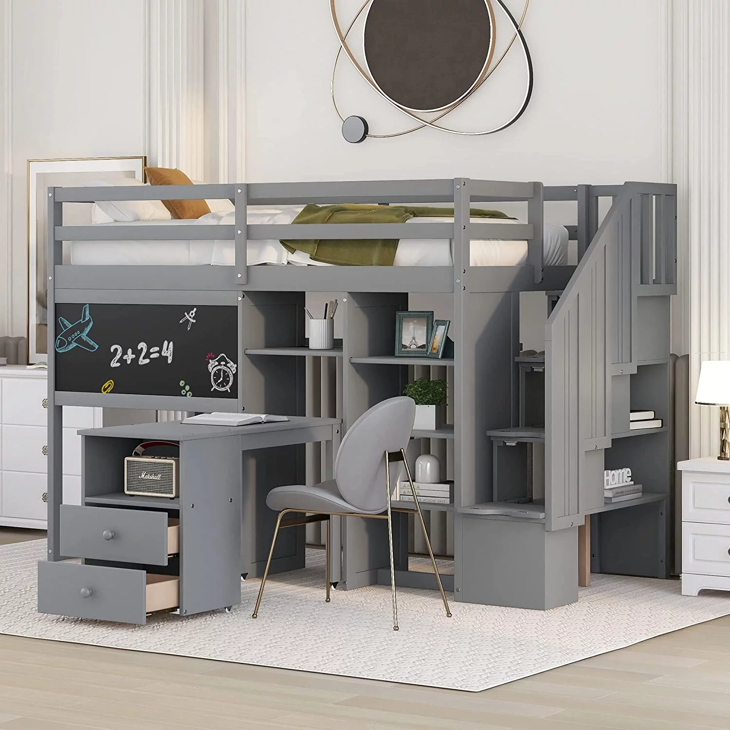 Churanty Twin Size Loft Bed with Pullable Desk and Storage, Wood Loft Bed with Staircase and Blackboard for Kids Teens Adults,Grey