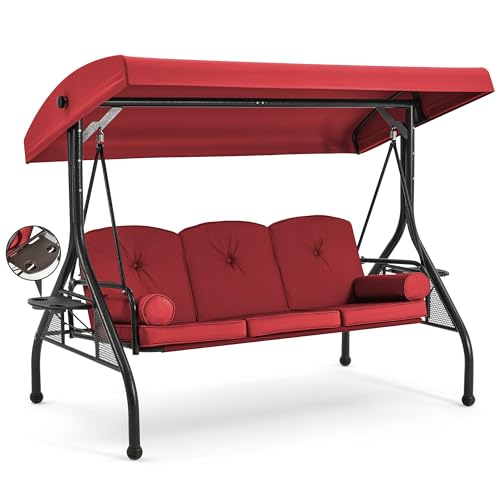HOMREST 3 Seat Outdoor Porch Swing with Adjustable Canopy, Convertible Patio Swing Bed with Stand, Patio Glider Swing with Upgraded Cup Holder