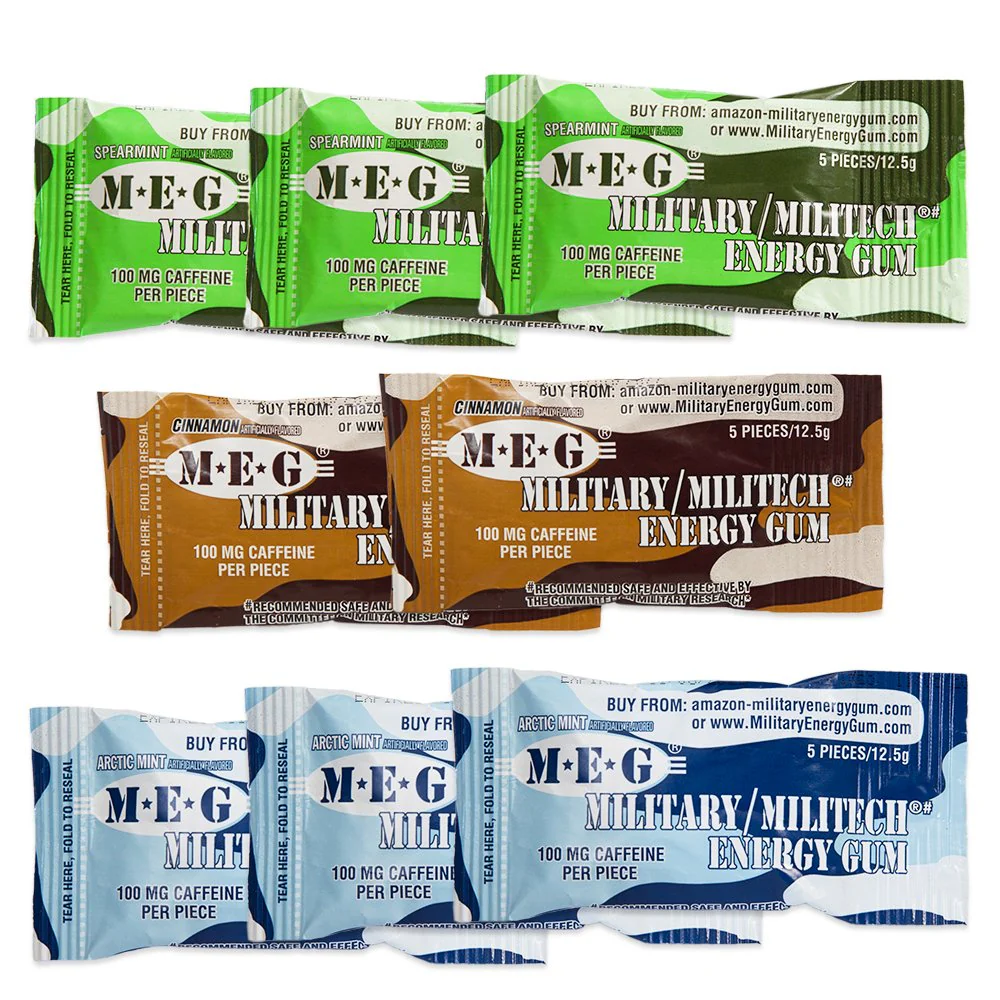 MEG - Military Energy Gum | 100mg of Caffeine Per Piece + Increase Energy + Boost Physical Performance + Multi Flavors of Arctic Mint , Spearmint