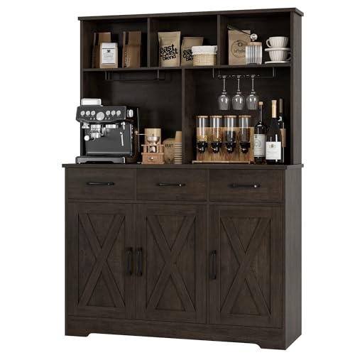 HOSTACK Buffet Cabinet with Hutch, Modern Farmhouse Kitchen Buffet Sideboard Storage Cabinet with 3 Drawers, Barn Door Coffee Bar Station