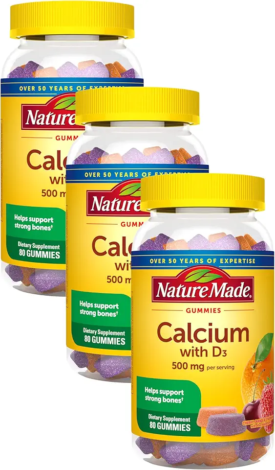 Nature Made Calcium Gummies 500 mg Per Serving with Vitamin D3, Dietary Supplement for Bone Support, 80 Gummies, 40 Day Supply (Pack of 3)