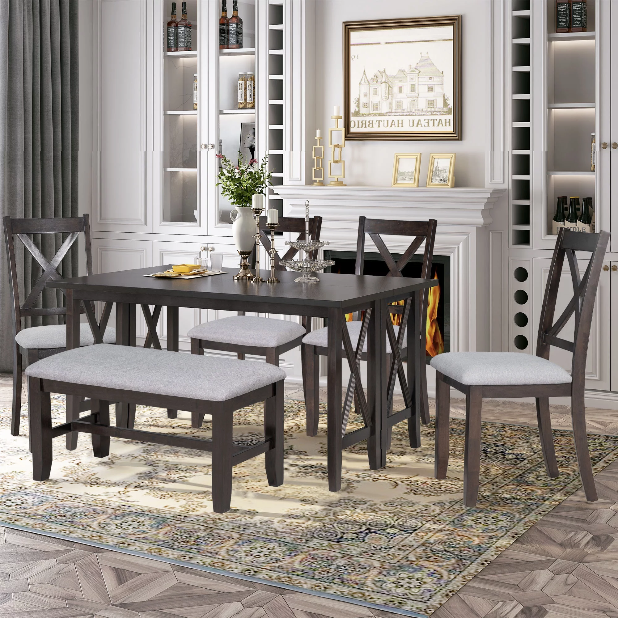 6 Pieces Dining Table Set, HSUNNS Foldable Wood Kitchen Table Set for 6 with Bench and 4 Cushioned Chairs