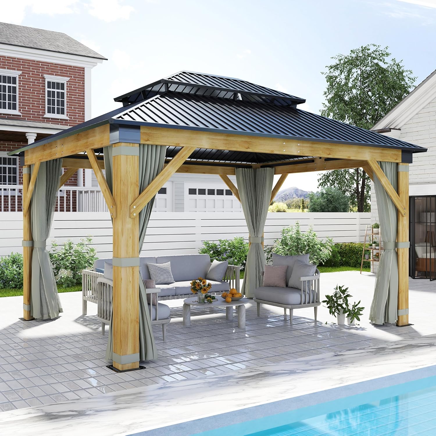 11’x13’ Patio Wooden Gazebo, Galvanized Steel Roof Gazebo with Olive Green Curtains and Netting, Double Vented Roof Hardtop Gazebo for Garden, Porch