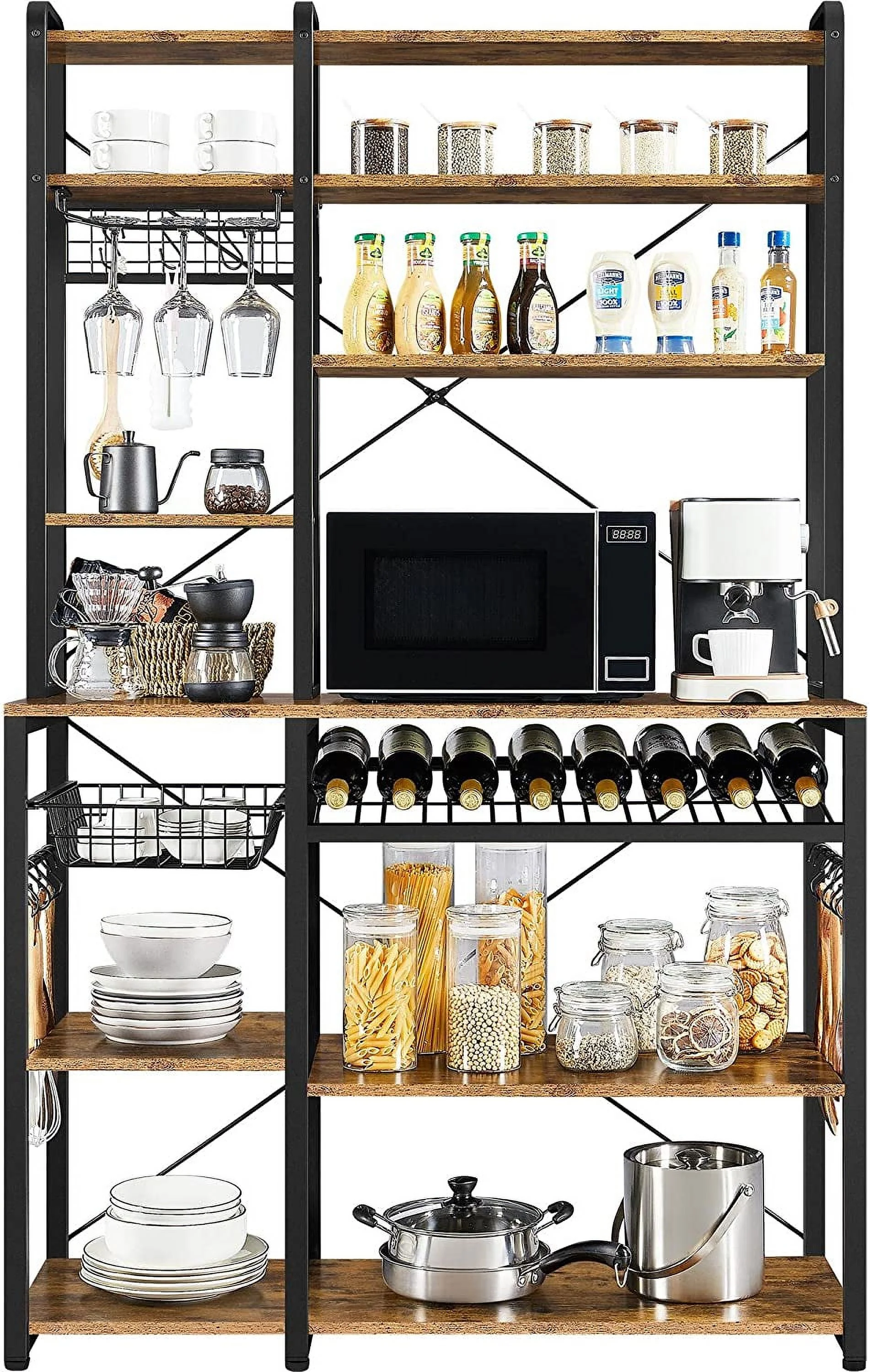 Kitchen Bakers Rack, Wooden Microwave Stand Kitchen Storage Shelf with Wine Rack and Wire Basket and 12 Hooks