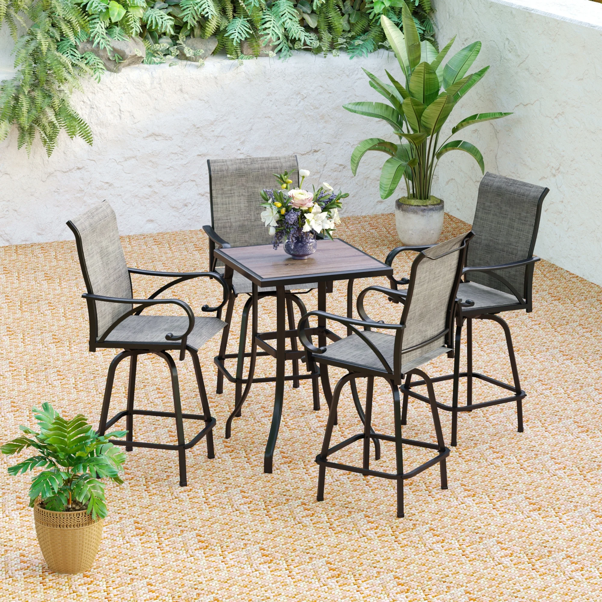 3/5-Piece Patio Bar Stool Set Wood-look Table & Grey Textilene Sling Fabric Swivel Bar Stools 5-Piece - Curated Treasures Market