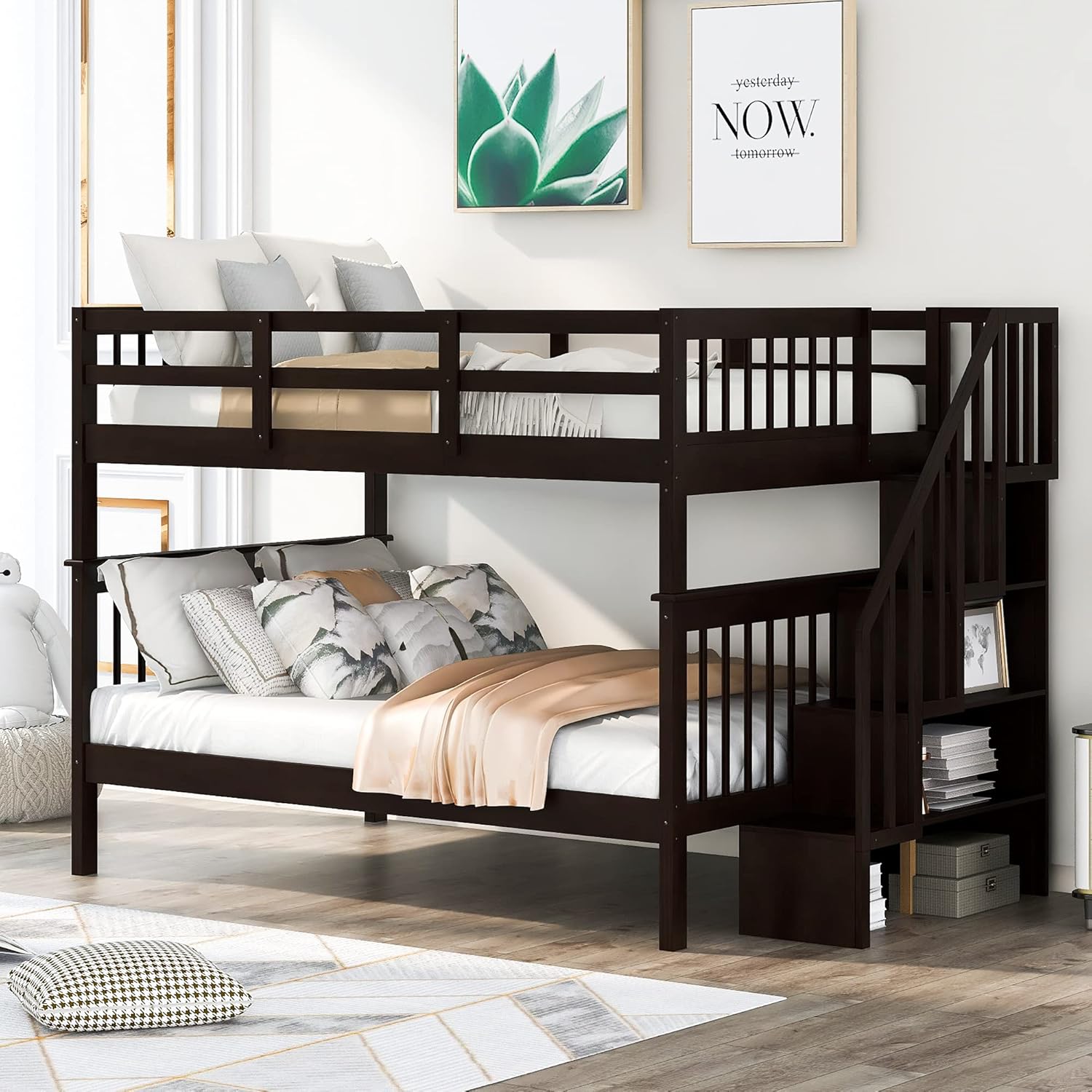 Harper & Bright Designs Twin Over Full Bunk Bed with Slide, Bunk Bed Frame, Solid Wood Bunk Bed with Drawers & Storage Staircases