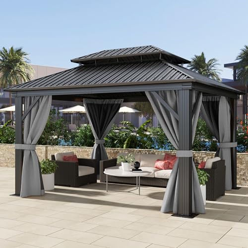DWVO 10x12ft Hardtop Gazebo Double Roof with Nettings and Curtains, Heavy Duty Galvanized Steel Outdoor Vertical Stripes Roof for Patio, Backyard