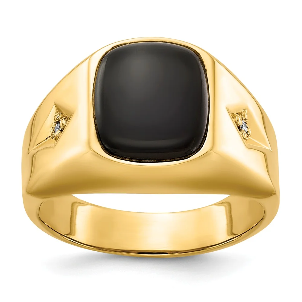 14K Yellow Gold Ring Band Men's Diamond Round Onyx Black