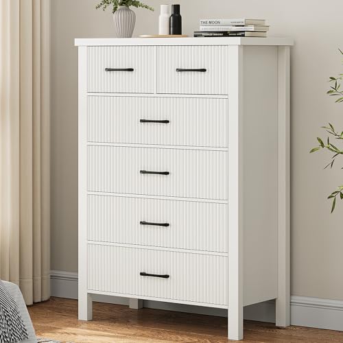 Fluted 6 Drawers Dresser for Bedroom, Tall Boho Chest of Drawers with Metal Handle, Wooden Closet Clothes Storage Organizer for Living Room