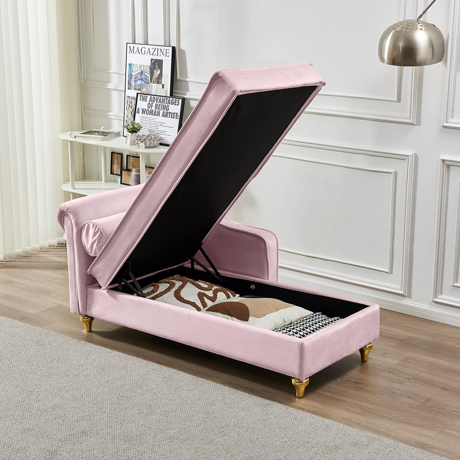 60.6" Modern Upholstery Chaise Lounge Chair with Storage, Velvet Corner Couch Daybed with Gold Metal Legs