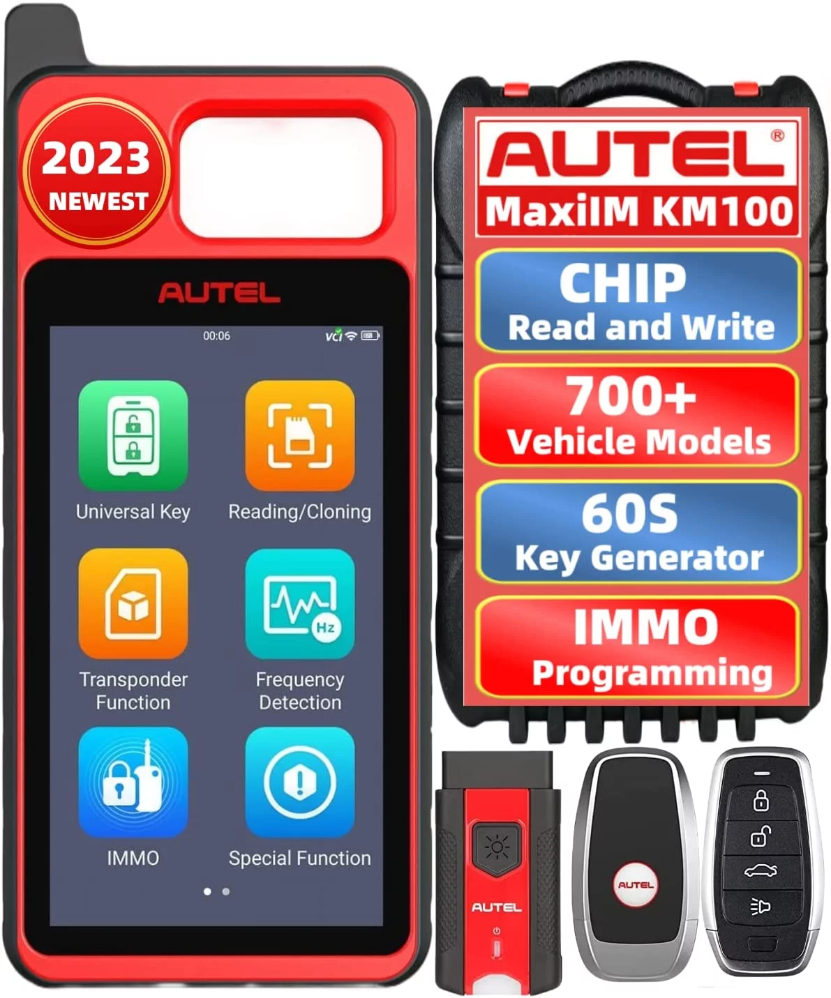 Autel MaxiIM KM100 Key Fob Programmer Immobilizer Tool with 2pcs Blank IKEY 60s Key Generation OBD IMMO/Key Learning Transponder Editing Chip