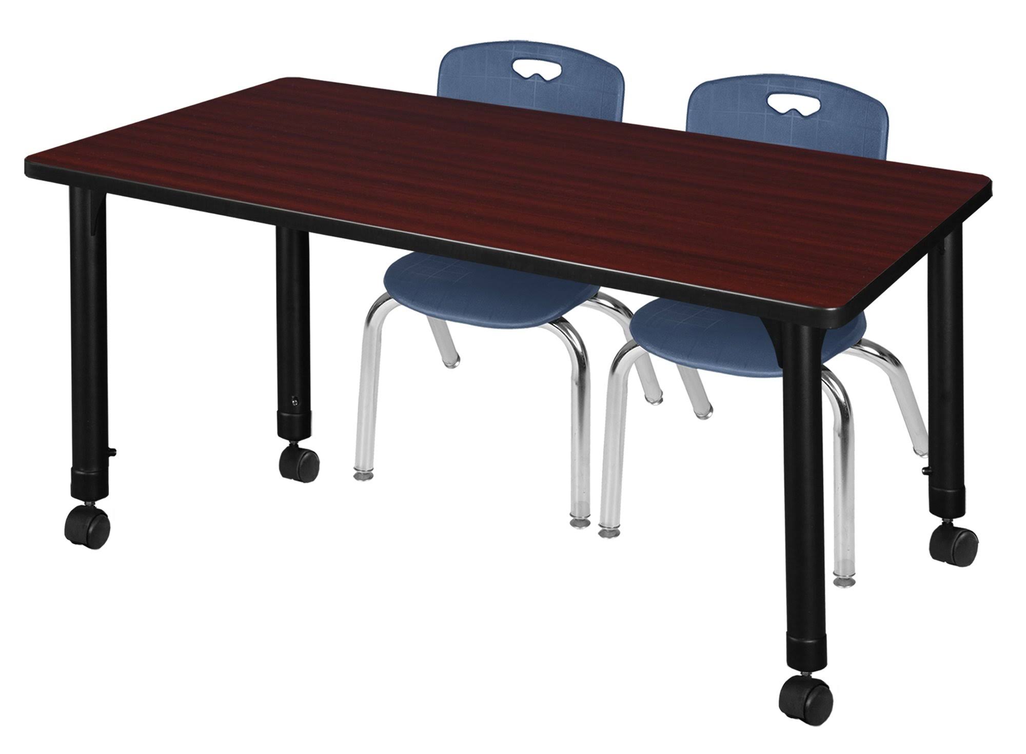 Regency Kee 48x22 x 30x22 Height Adjustable Mobile Classroom Table - Mahogany u0026 2 Andy 12-in Stack Chairs- Navy Blue