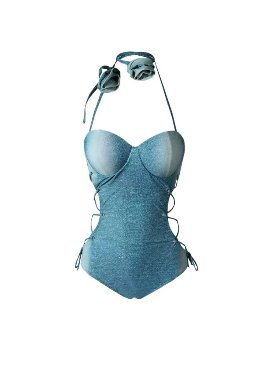 'Free Lover' Y2k Denim Style Lace Up Choker One-Piece  Swim Suit