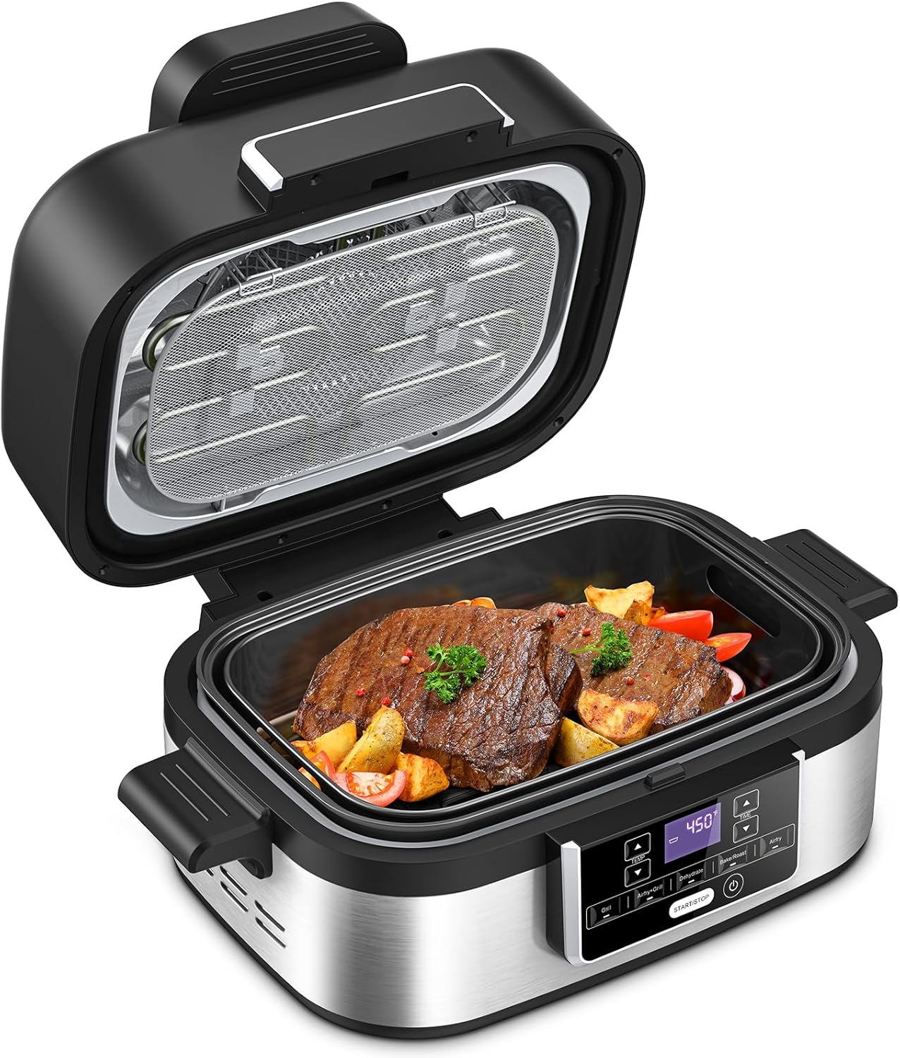 Joy Pebble Indoor Grill with Air Fry, 5-IN-1 Electric Smart Air Fryer Grill Combo, Stainless Steel with Air Grill, Air Fryer, Roast, Bake, Dehydrate