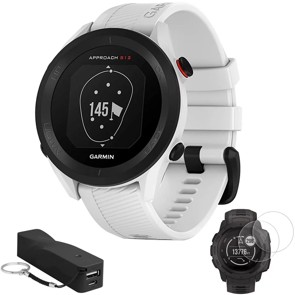 Garmin 010-02472-02 Approach S12 GPS Golf Watch 42k+ Preloaded Courses White Bundle with 2-Pack Screen Protector for Garmin Watches and Deco