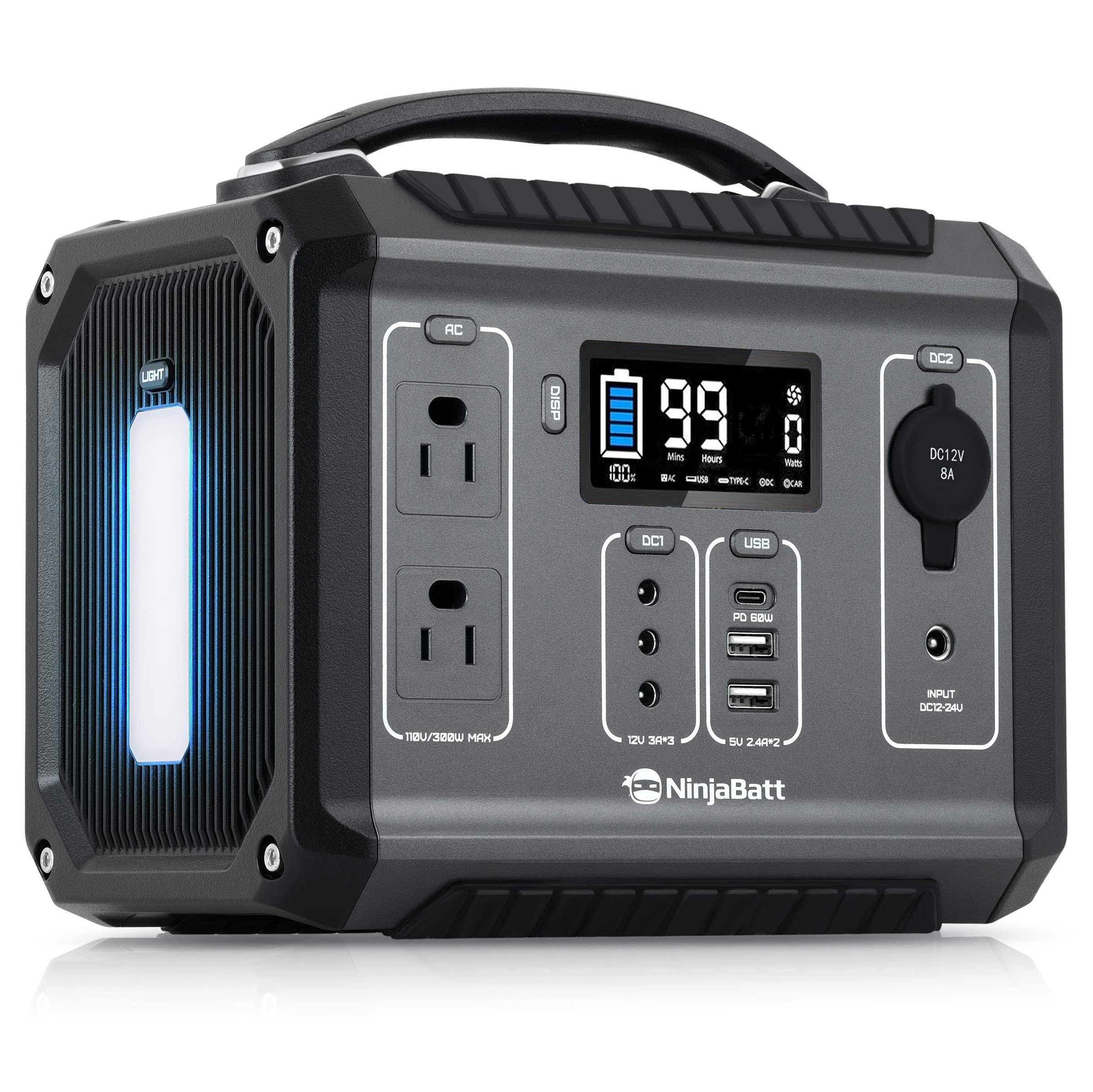 NinjaBatt Portable Power Station 280Wh Backup Lithium battery, 110V/300W Pure Sine Wave AC Outlets, 60W PD 3.0 USB-C u0026 2 USB