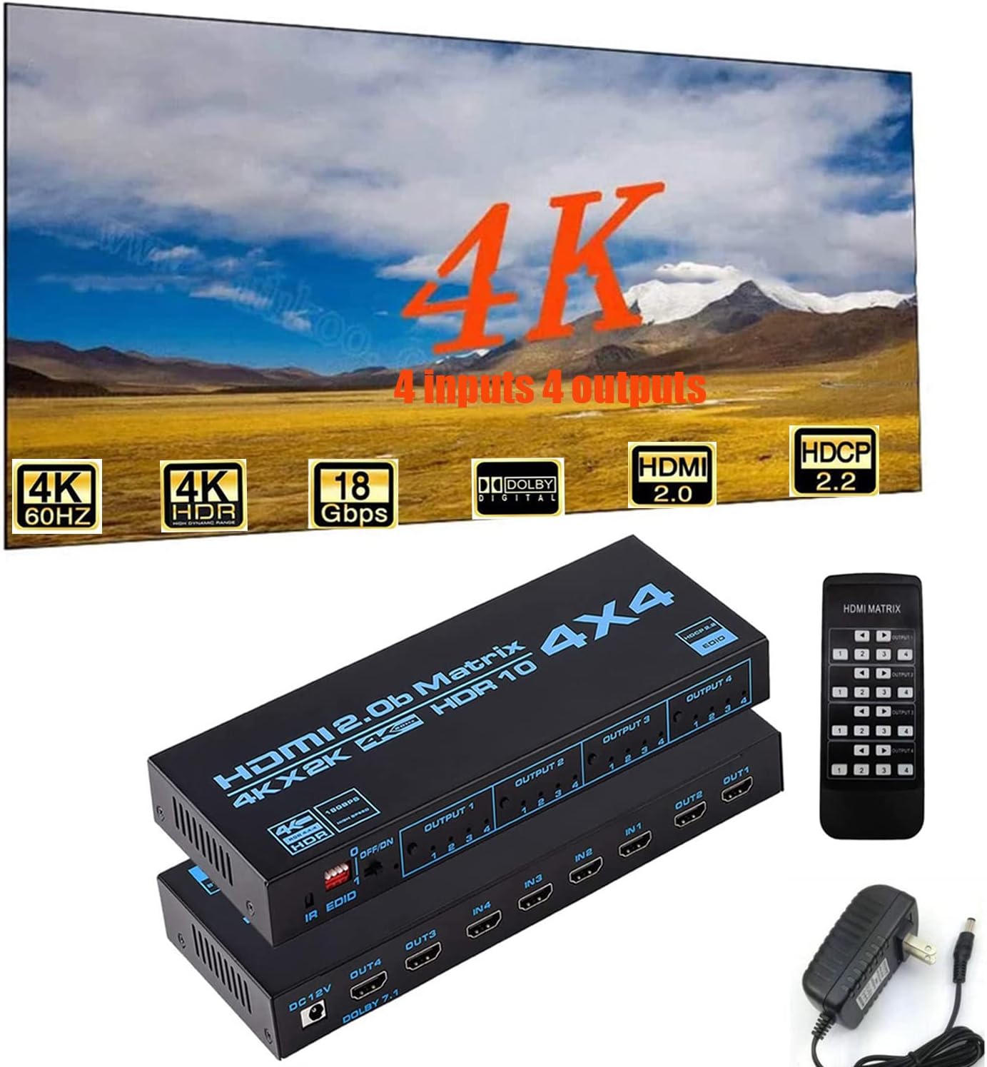 HDMI Matrix switcher 4x4, 4K HDMI Matrix switcher Splitter 4 in 4 Out Box, with EDID Extractor and Infrared Remote Control, Support 4K HDR, HDMI 2.0b
