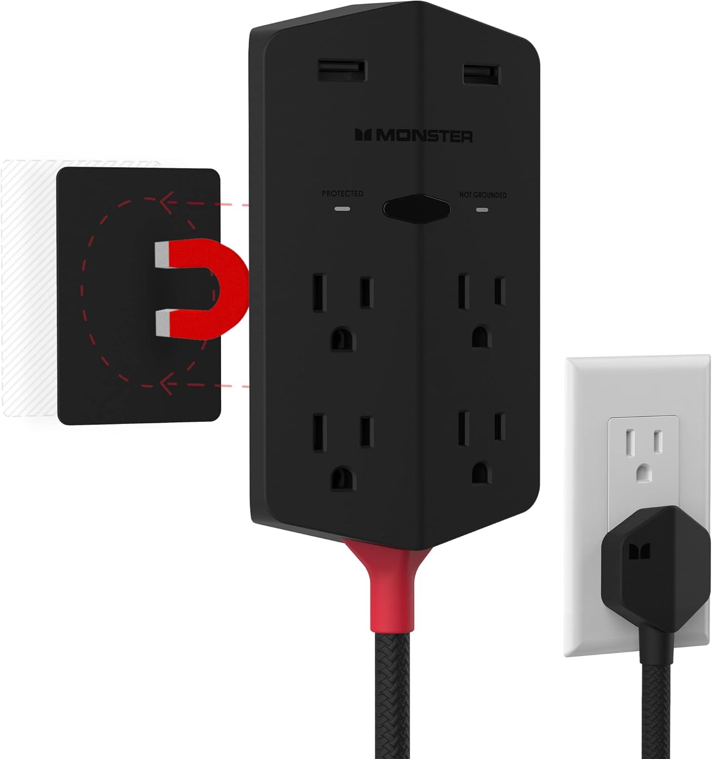 Monster Power Shield XL Surge Protector Outlet Extender & Magnetic Hub with 4 AC Outlets, 2 USB-A Ports, 20W Power Delivery, Black Pack of 2