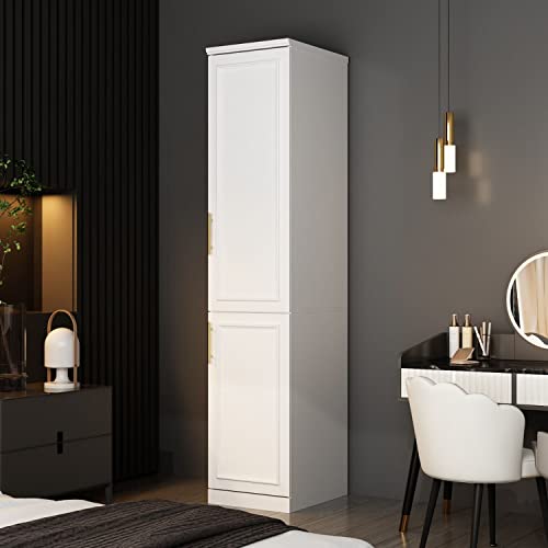 FAMAPY 2 Door Wardrobe Closet, Tall and Narrow Armoire Wardrobe Closet with Hanging Rod, Gold Metal Handles