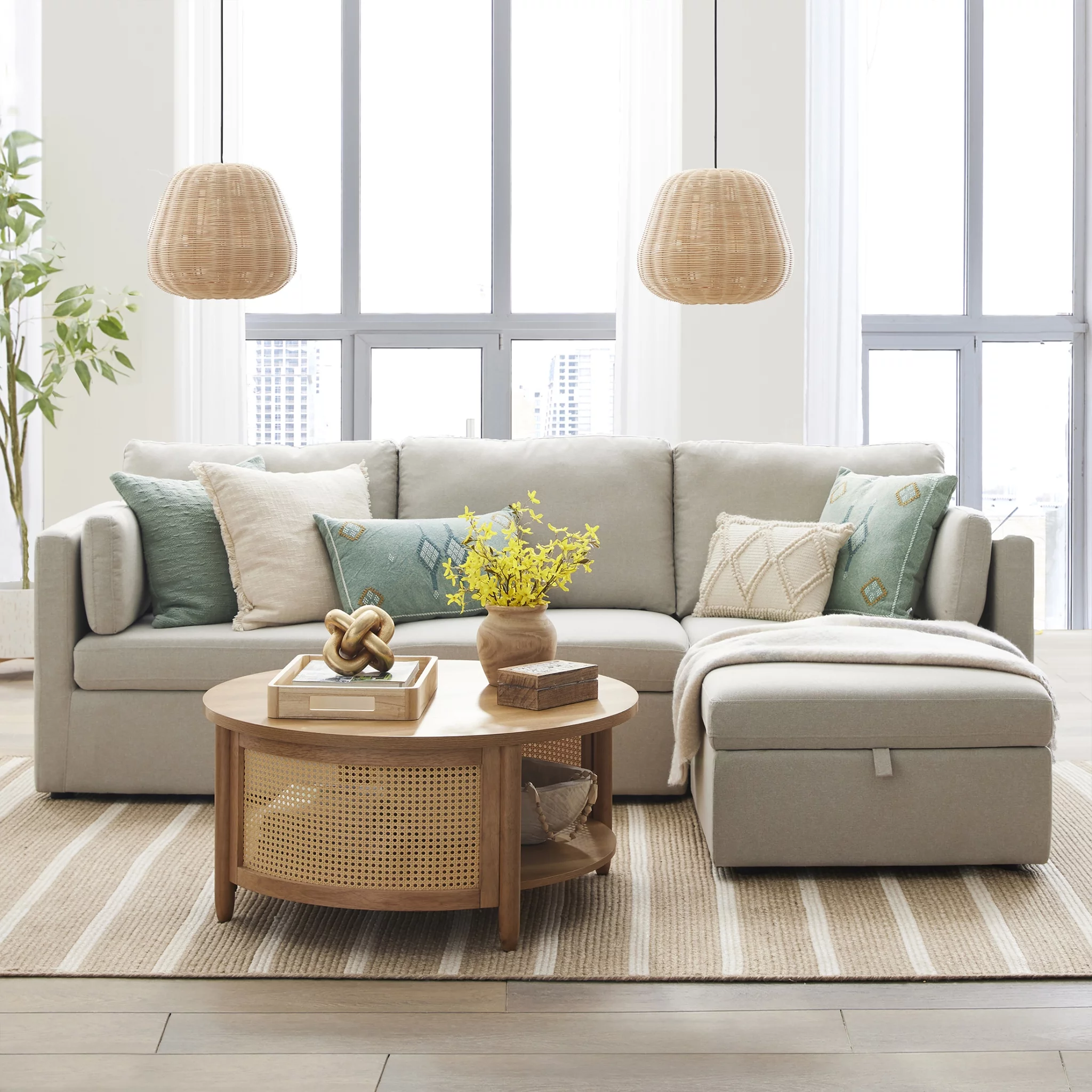 Better Homes & Gardens Modular Sectional Sofa with Storage Ottoman, White Linen