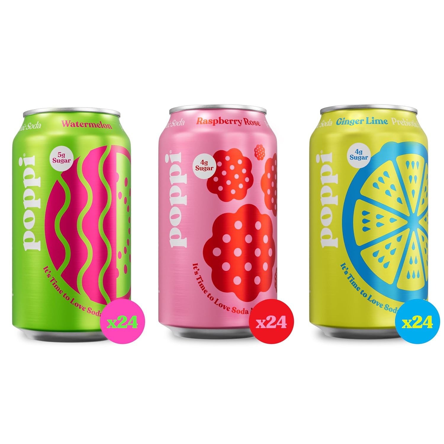 POPPI Sparkling Prebiotic Soda, Bulk 72-Pack, Ginger Lime, Watermelon and Raspberry Rose, Beverages made with Apple Cider Vinegar