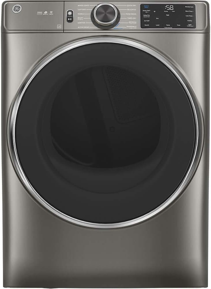 GE GFD65GSPNSN 28" Front Load Gas Dryer with 7.8 cu. ft. Capacity Powersteam Built-in WiFi Sanitize Cycle and Vent Sensor in Satin Nickel
