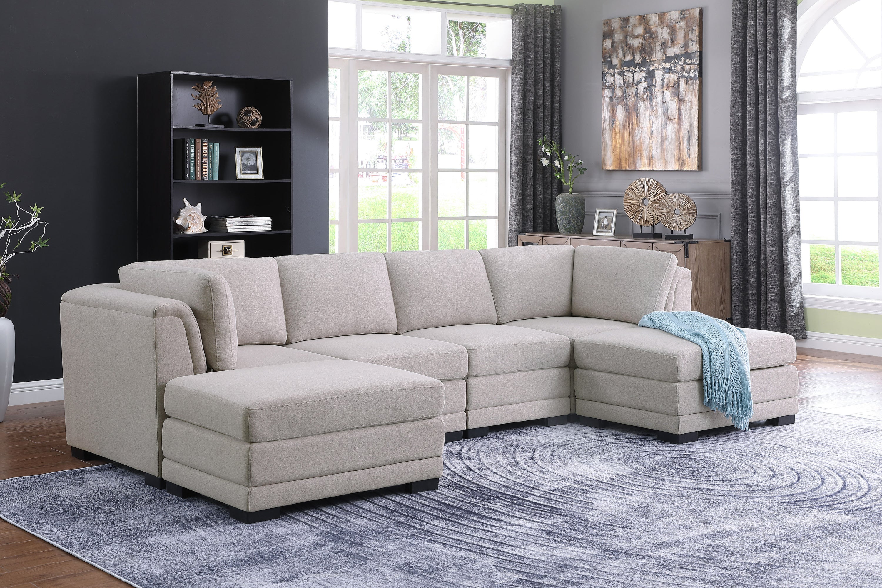 Kristin 3 Seat Linen Fabric Reversible Sectional Sofa with Ottoman - Light Gray