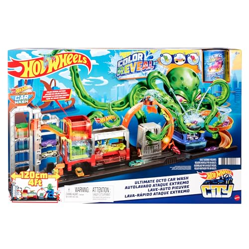 Hot Wheels City Toy Car Track Set, Ultimate Octo Car Wash Playset & Color Reveal Car in 1:64 Scale, Repeat Color Change in Very Warm & ICY Cold Water