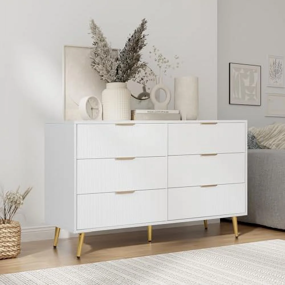 YFENGBO 6 Drawers Dresser for Bedroom White Long Dresser Organizers Chests of Drawers with  Wide TV Dresser Stand for up to 55"